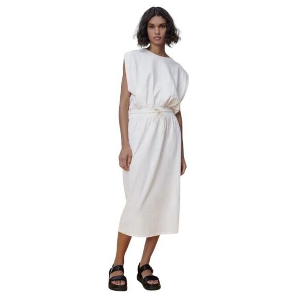 New Zara Dress Womens M Extended Shoulder Midi Tank Cinched Drawcord Waist Ivory - Picture 16 of 16